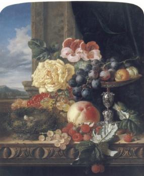 Edward Ladell : Still Life with Fruit, Flowers and a Bird's Nest